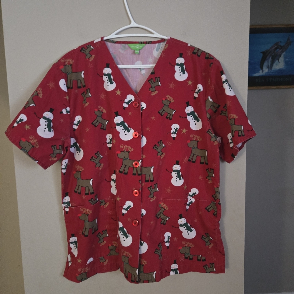 5 for $25 Health Pro Holiday Scrub Medium Christmas Nurse Top Shirt Snowman